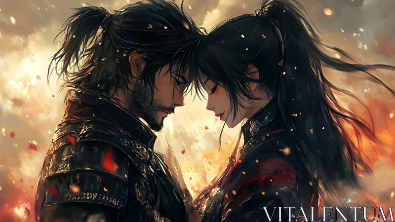 Ember-kissed samurai lovers pausing between storms of fate.