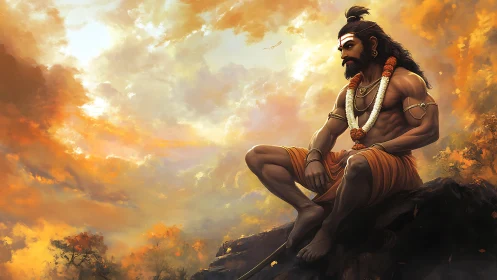 Muscular seated sage figure overlooks glowing orange sunset sky