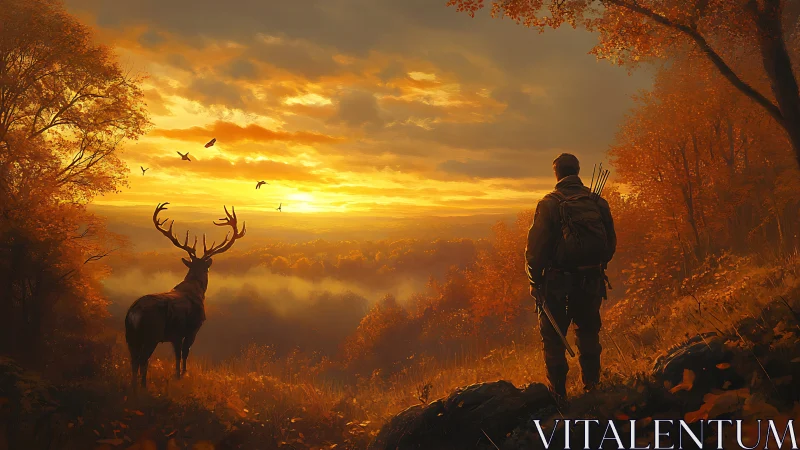 Hunter and stag observe golden autumn sunrise over valley