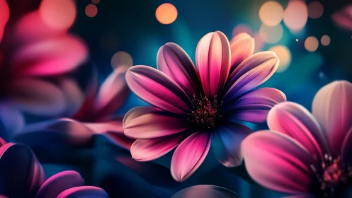 Vivid Daisy Blooms Against Luminous Bokeh Background.
