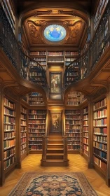 Two-level classical library interior with central stairway.