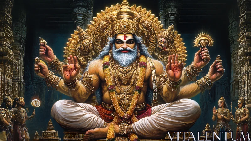 Divine multi-armed deity radiates power in golden temple