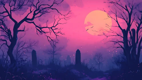 Moonlit twilight forest glows with dreamy pink enchantment