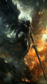 Stormlit dark angel warrior rises with a blazing greatsword