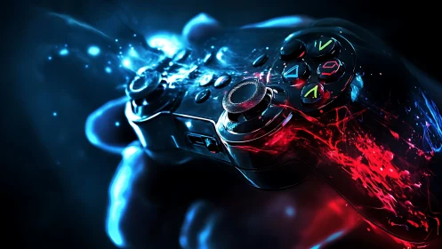 Game controller pulses with vivid blue and red energy glow
