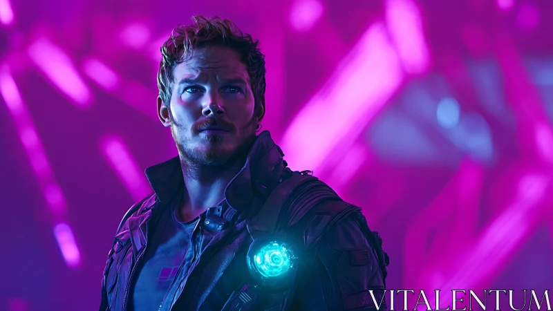 Cosmic guardian stands ready under glowing neon skies