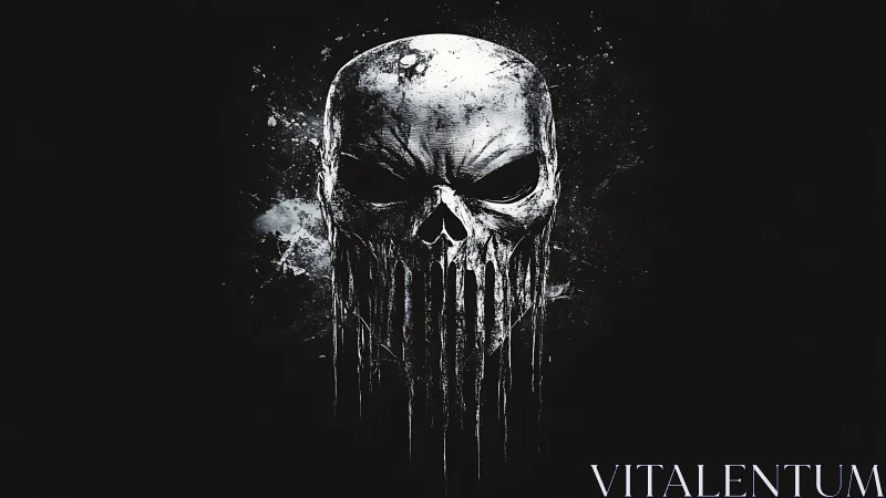 Grim dripping skull emblem on dark splattered background.