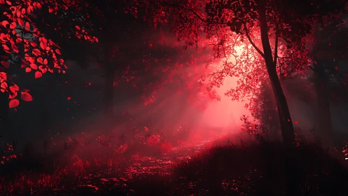 Volumetric red light through dense forest canopy at dusk