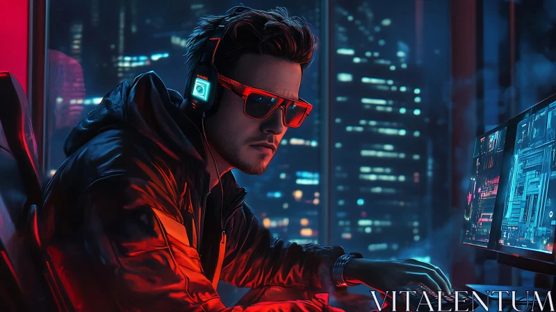 Focused gamer at dual monitors in neon city office.