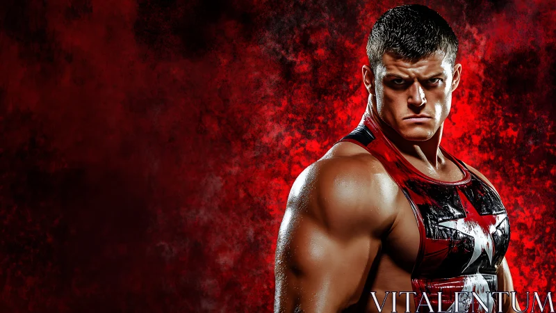 Muscular male athlete in red star singlet on red backdrop.