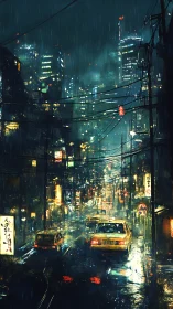 Noir urban avenue under neon rain and tangled power lines.