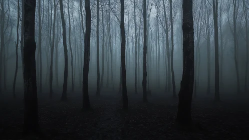Misty deciduous forest in low key atmospheric perspective.