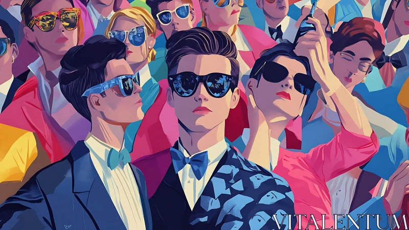 Stylish crowd in bold sunglasses fills a vivid street scene.