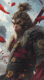 Armored simian warrior stands in profile amid drifting petals