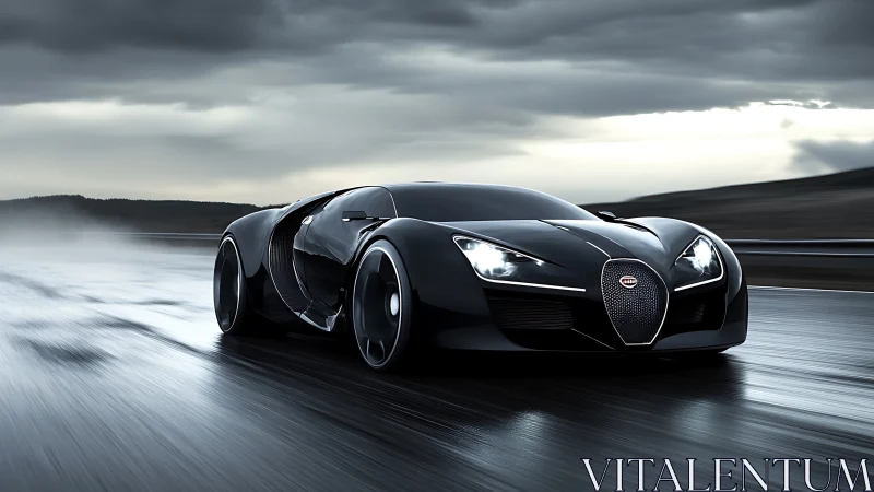 Sleek black supercar gliding across a gleaming wet highway.