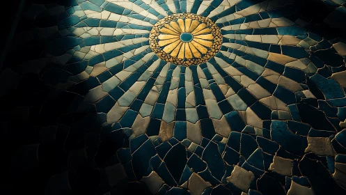 Radiant circular mosaic sunburst under dramatic shadow play.