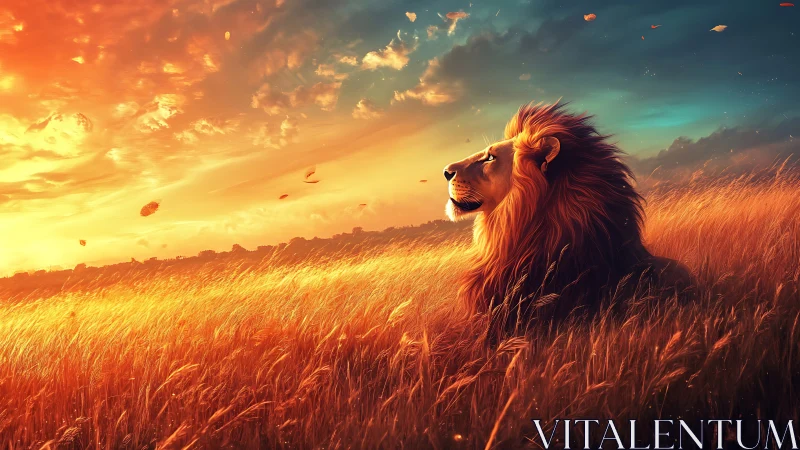 Majestic lion at sunset within glowing golden savanna.