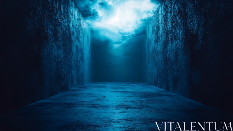 Blue corridor with textured walls under glowing sky.