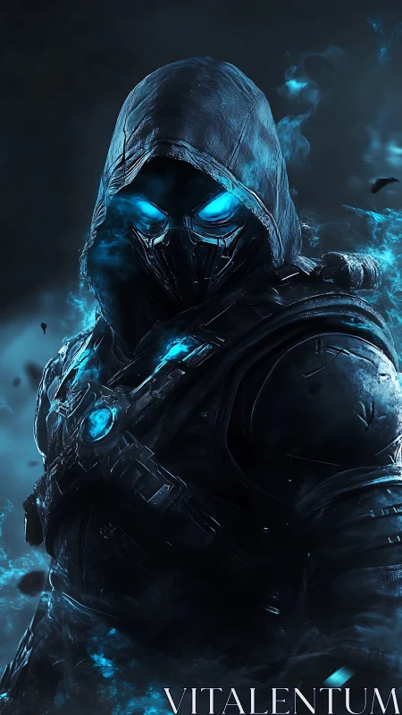 Hooded frost wraith ignites neon-blue power in the dark.