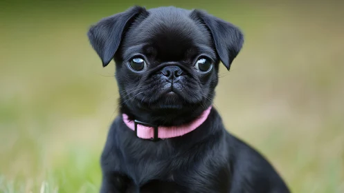 Bright-eyed black pug puppy in a soft pink collar outdoors.