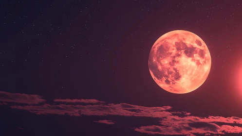 Blood moon glows above rose clouds in starry night sky.