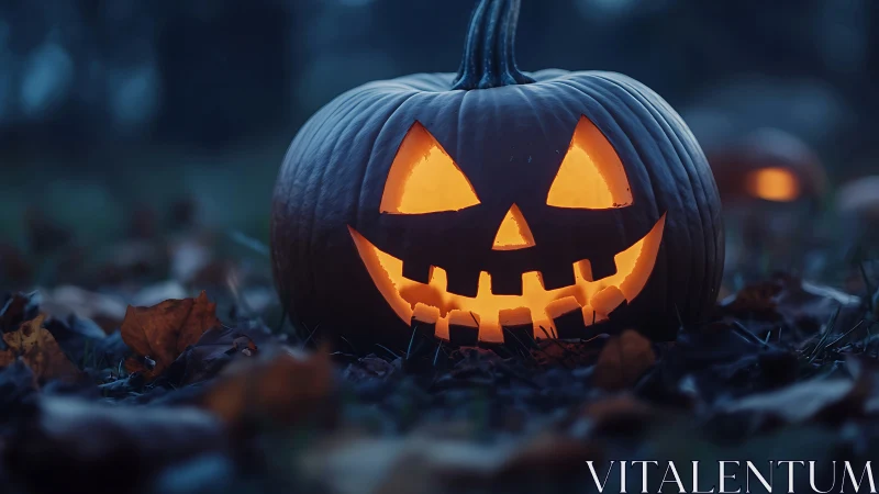 Jack-o-lantern grins wide while dusk folds around its glow