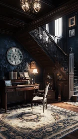 Victorian mahogany study beneath ornate staircase with desk
