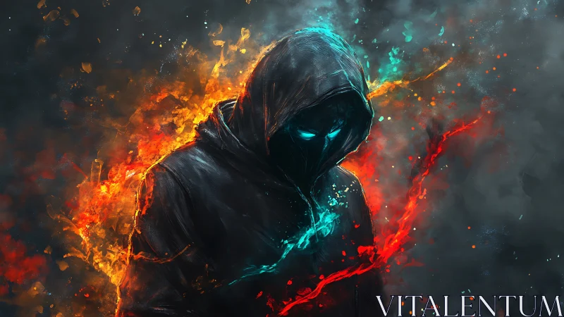 Hooded elemental figure strides through fire and neon smoke