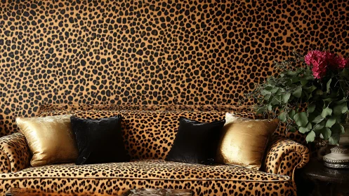 Luxurious Leopard Print Sofa with Gold Accents.