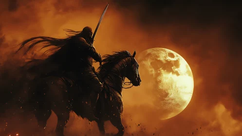 Moonlit warrior rides through burning night skies with resolve