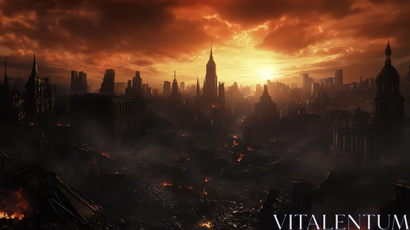 Burning post-apocalyptic city skyline under blazing sunset