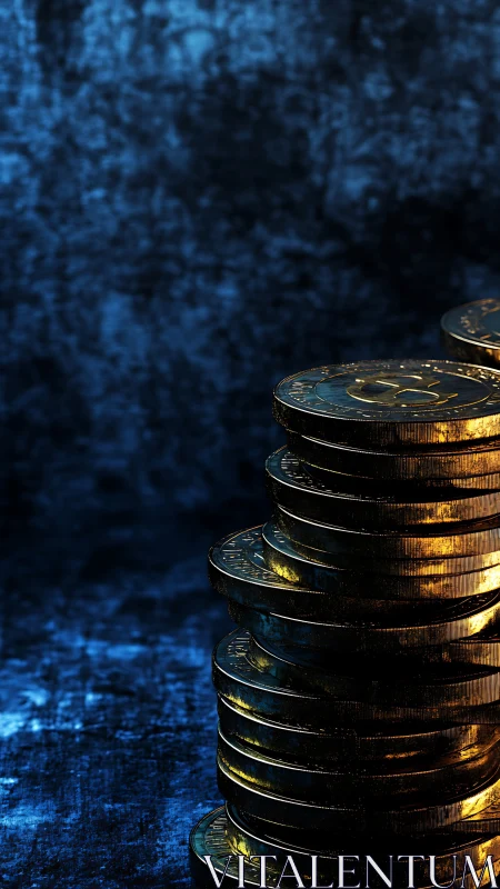 Stacked metallic coins against textured blue backdrop.