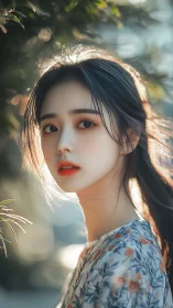 Backlit portrait of young woman in floral print kimono outdoors