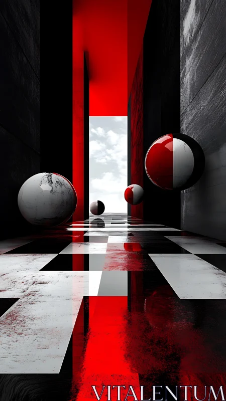 Spheres hover in geometric red and black corridor space.