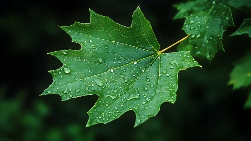 Gentle maple leaf rests under fresh morning raindrops