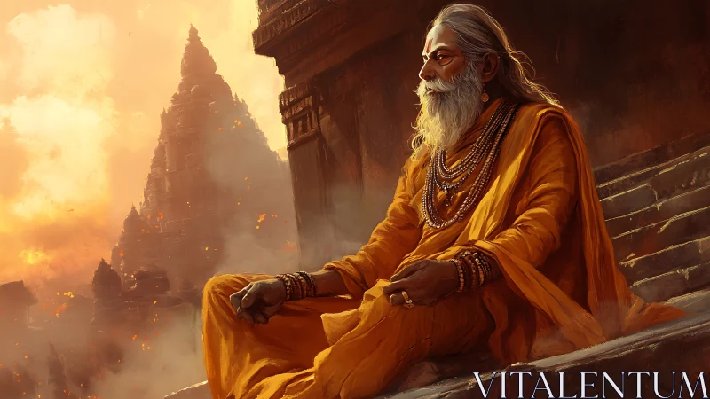 Elderly sage in saffron robes meditates before burning temple