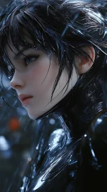 Profile view shows synthetic female figure in reflective suit