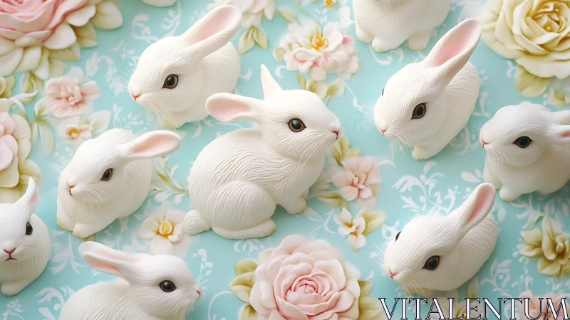Porcelain white rabbits amid pastel floral blossoms on teal.