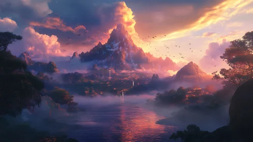 Sunrise paints a mythic mountain kingdom in drifting gold mist