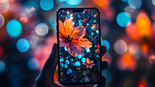 Neon macro florals refracted through smartphone bokeh frame.
