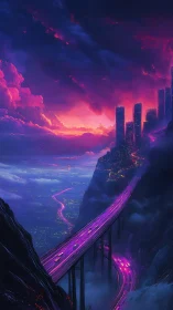 Neon highway ascends toward a storm-lit futuristic cliff city