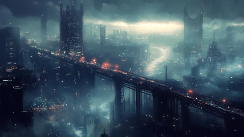 Cyberpunk elevated expressway over neon stormbound megacity.