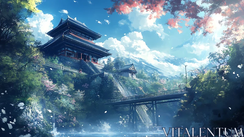 Digital painting of a riverside mountain temple complex in spring.