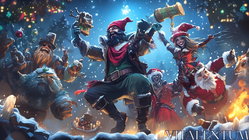 Rebel Santas storm a neon snowstorm of chaotic cheer.