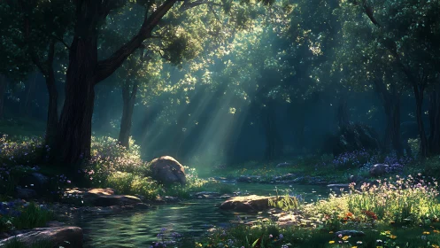 Enchanted forest stream bathes in luminous golden light rays through canopy