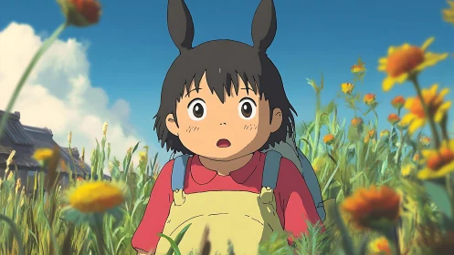 Surprised child in overalls standing in tall flower field.