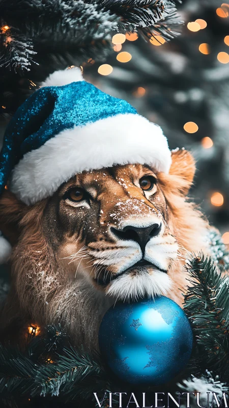 Lion in blue Santa hat among snowy Christmas branches.