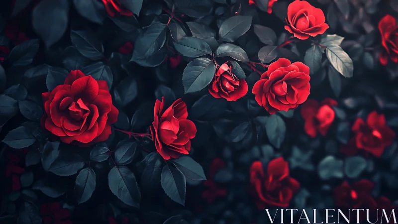 Crimson Rose Blooms Against Deep Foliage with Dramatic Chiaroscuro.