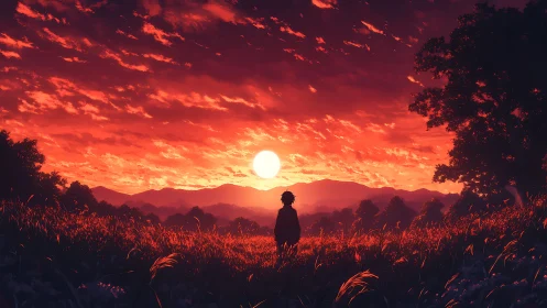 Solitary figure watches a blazing red sunset over silent hills