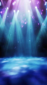 Bright stage lights pour over a glowing blue show floor
